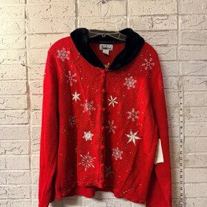 Ambra Red Embroidered Snowflake Christmas Sweater w/ Removable Faux Fur Collar